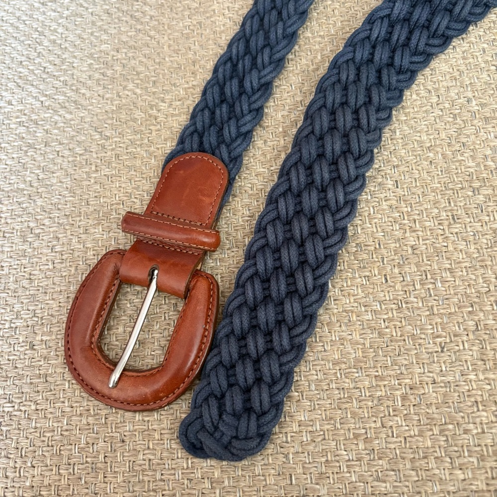 Lands' End Belt Navy Blue Braided Cord Leather Women's L Wide Stretch Nautical